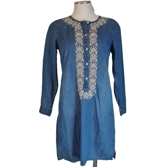 green emerald velvet dress Octavia Linen Blend Dress-Embroidered Chambray